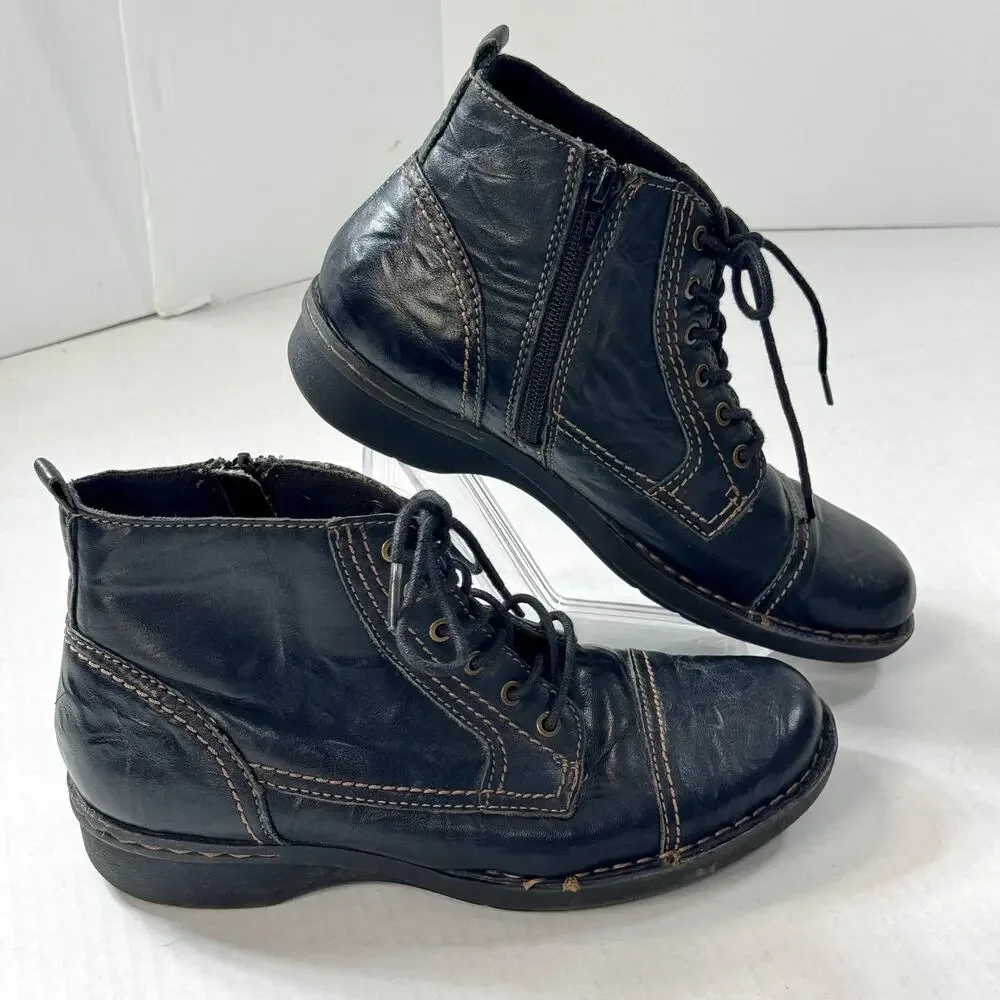 Clarks Leather Ankle Boots Lace Up Side Zip Wedge W6 Black